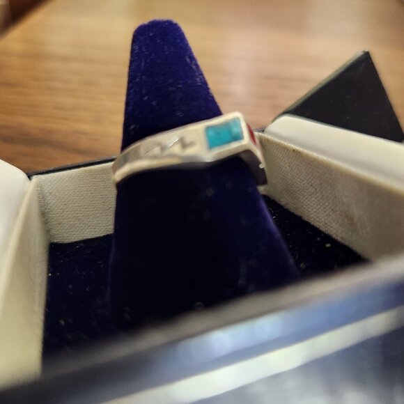Vintage Navajo Sterling Silver Wave Ring With Turquoise & Coral Inlay Design Siz - Picture 2 of 5